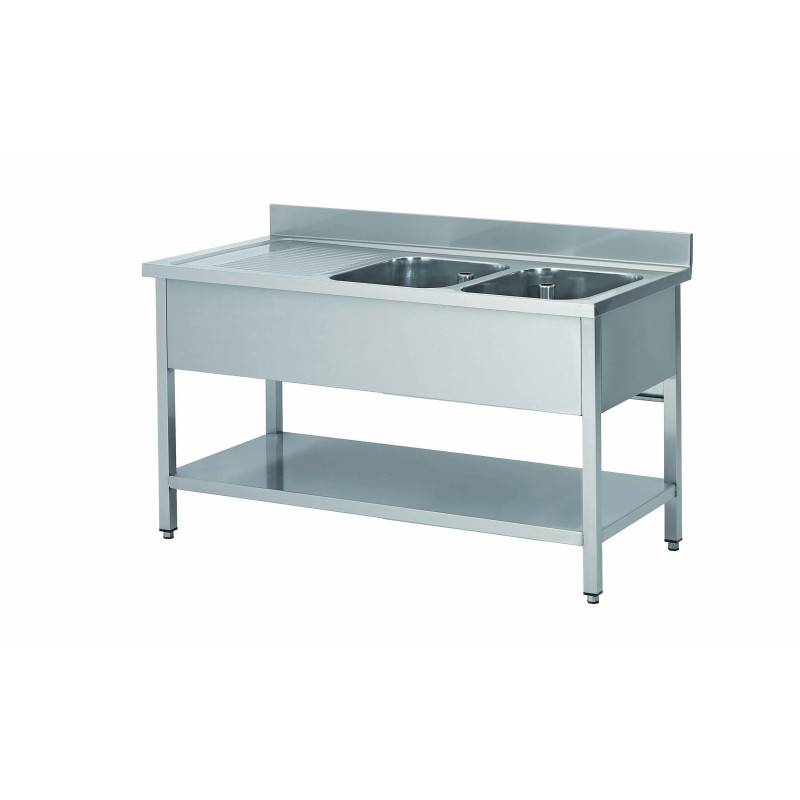 PLONGE INOX 304 DEMONTABLE 2 BACS 500 X 400 X 250 MM PIEDS CARRES EGOUTTOIR A GAUCHE ETAGERE BASSE