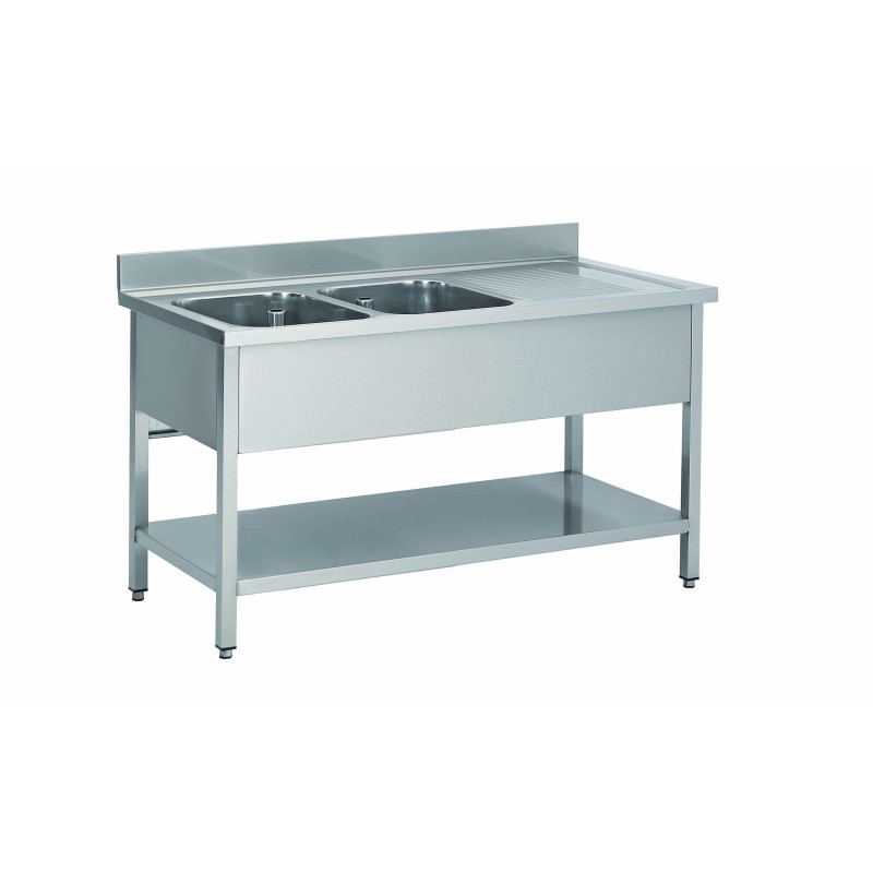 PLONGE INOX 304 DEMONTABLE 2 BACS 400 X 500 X 250 MM PIEDS CARRES EGOUTTOIR A DROITE ETAGERE BASSE