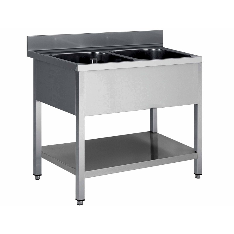 PLONGE INOX 304 DEMONTABLE 2 BACS 500 X 400 X 250 MM PIEDS CARRES SANS EGOUTTOIR ETAGERE BASSE