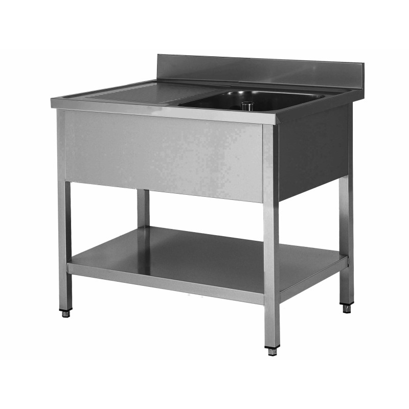 PLONGE INOX 304 DEMONTABLE 1 BAC 500 X 400 X 250 MM PIEDS CARRES EGOUTTOIR A GAUCHE ETAGERE BASSE