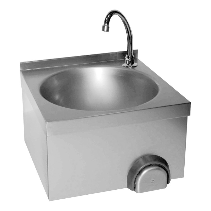 LAVE-MAINS INOX CUVE RONDE, DOSSERET 30 MM COMMANDE FEMORALE PAR BOUTON POUSSOIR