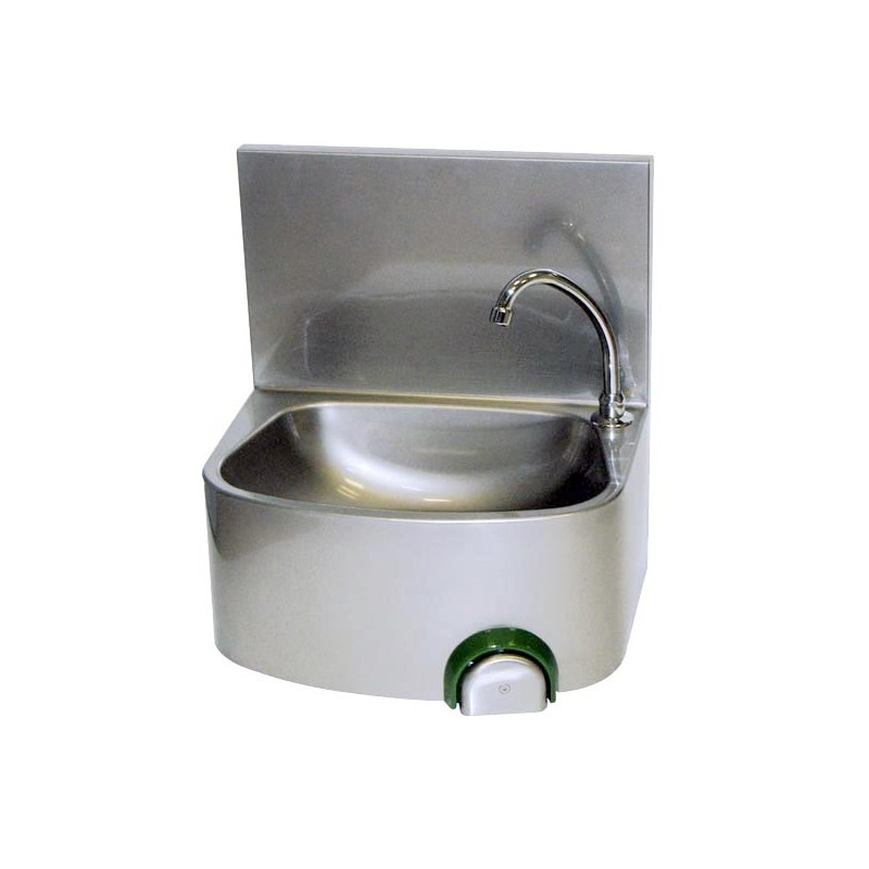 LAVE-MAINS INOX 304, DOSSERET MONOBLOC PLIE COMMANDE FEMORALE PAR BOUTON POUSSOIR