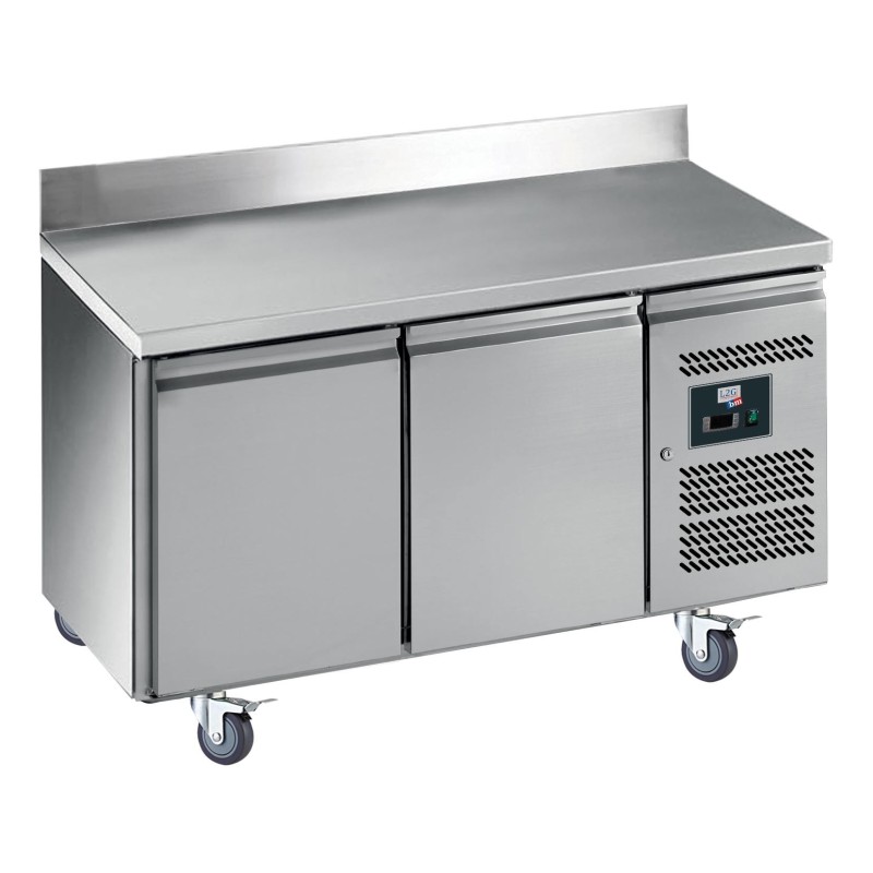 DESSERTE REFRIGEREE INOX AVEC DOSSERET 100 X 20 MM, -2/+8°C, 2 P. GN1/1, ROULETTES Ø100 MM, L 1360 P 700 H 850