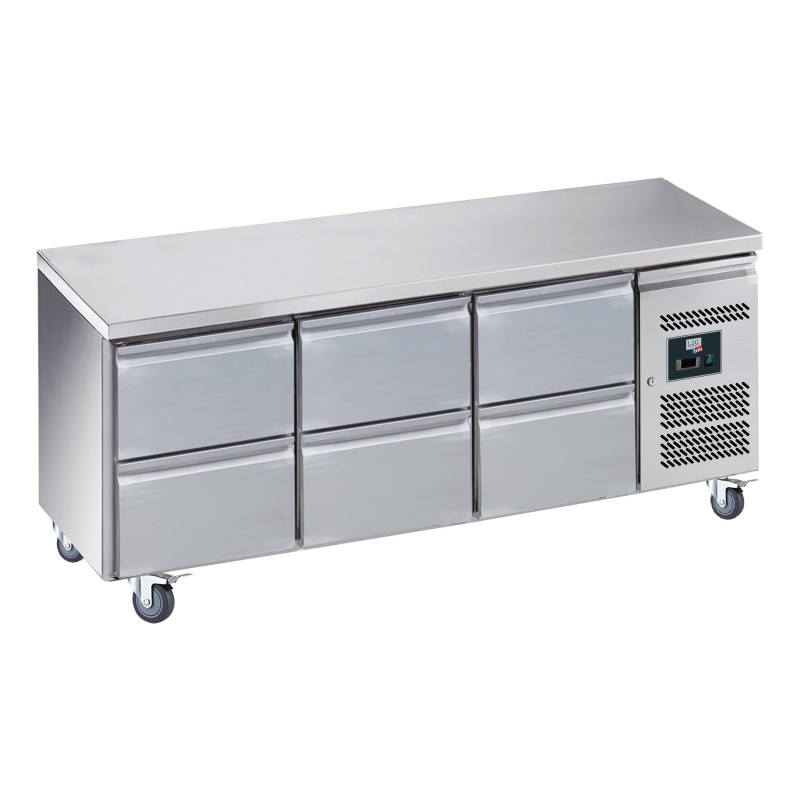 DESSERTE REFRIGEREE INOX CENTRALE -2/+8°C 3 X 2 TIROIRS, SUR ROULETTES Ø 100 MM, L 1795 P 700 H 850