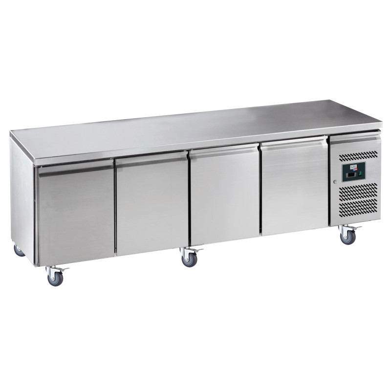 DESSERTE REFRIGEREE INOX CENTRALE, -2/+8°C, 4 P. GN1/1, SUR ROULETTES Ø 100 MM, L 2230 P 700 H 850