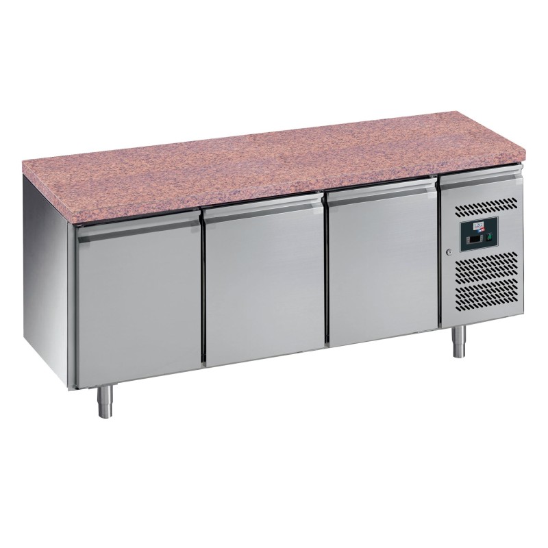 DESSERTE REFRIGEREE INOX, -2/+8°C, DESSUS GRANIT 3 PORTES POUR GRILLES 600 X 400 MM, L 2020 P 800 H 850