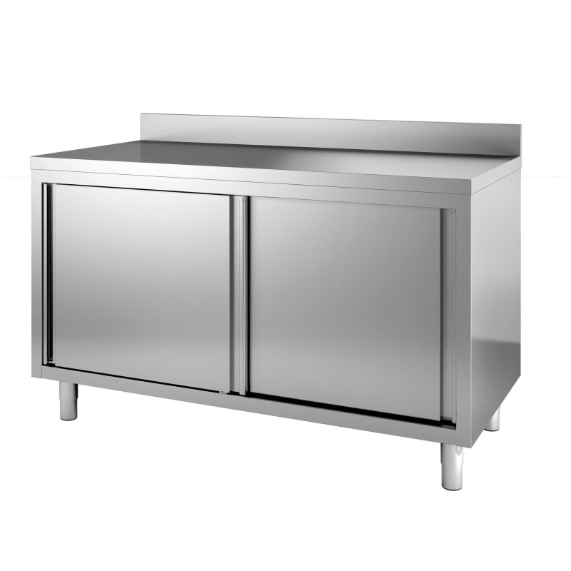 MEUBLE BAS INOX ADOSSE, P. COULISSANTES DOUBLEES, L 1 600 mm P 700 mm H 850 mm