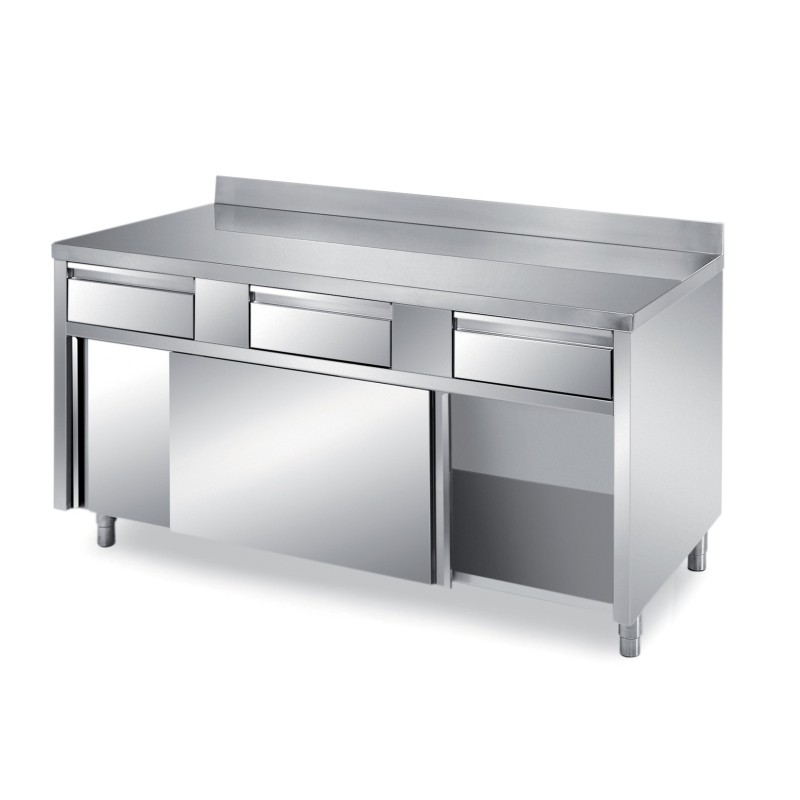 MEUBLE BAS INOX 304 CENTRAL, 2 PORTES COULISSANTES ET 2 TIROIRS SUR GLISSIERES, L 1 200 mm P 700 mm H 850 mm