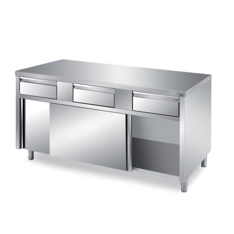 MEUBLE BAS INOX CENTRAL, 2 PORTES COULISSANTES DOUBLEES ET 3 TIROIRS SUR GLISSIERES, L 1 500 mm P 700 mm H 850 mm