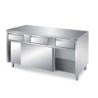 MEUBLE BAS INOX CENTRAL, 2 PORTES COULISSANTES DOUBLEES ET 3 TIROIRS SUR GLISSIERES, L 1 500 mm P 700 mm H 850 mm