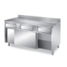 MEUBLE BAS INOX ADOSSE, 2 PORTES COULISSANTES DOUBLEES ET 3 TIROIRS SUR GLISSIERES, L 1 500 mm P 700 mm H 850 mm