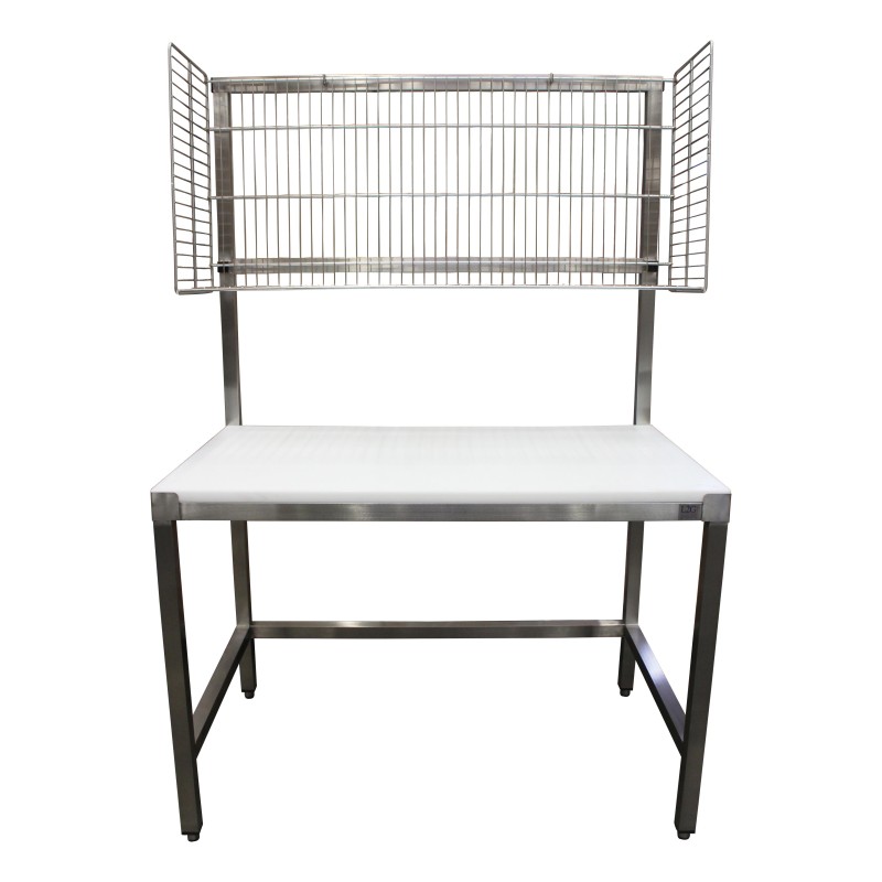 TABLE DE MISE SOUS BARQUETTES, DESSUS INOX 304 AVEC PANIER INOX L 1200 P 700 H 1800