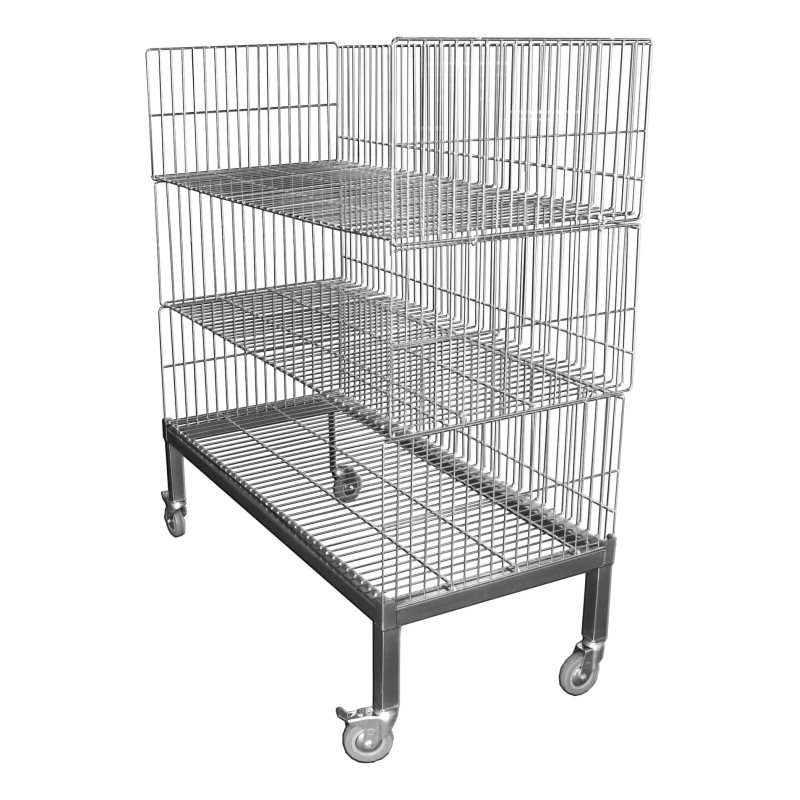 CHARIOT A BARQUETTES FILAIRE INOX 304 - 3 NIVEAUX AVEC PANIERS EMBOITES