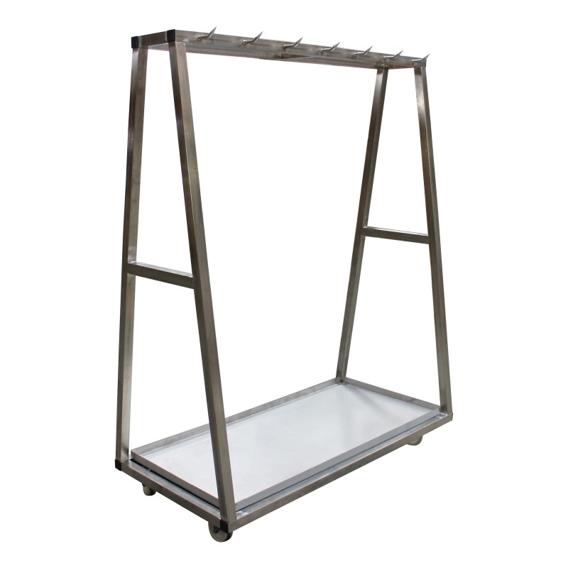 CHARIOT A CARCASSES INOX 304, 1 NIVEAU DE BARRE A DENTS, 11 DENTS, BAC A SANG AMOVIBLE