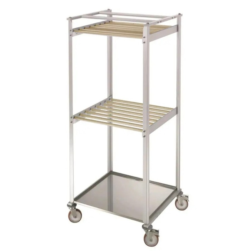 CHARIOT DE SECHAGE ALUMINIUM 2 NIVEAUX, 16 BARRES ACCROCHE-CHARCUTERIE EN BOIS, AVEC BASSINE